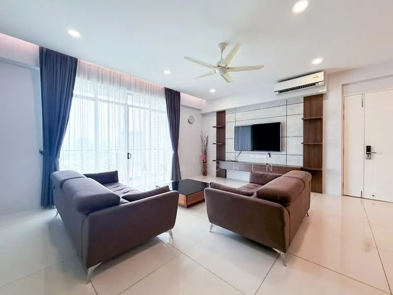 Living features: 2-seater fabric sofa in brown, 2-seater fabric sofa in grey, coffee table, wall-mounted TV, TV console, floor-to-ceiling windows, sheer curtains, recessed downlights, 5-blade ceiling fan with light, light-coloured wall, white tiled flooring, decorative wall paneling, clock on wall; style: modern; view: city.
