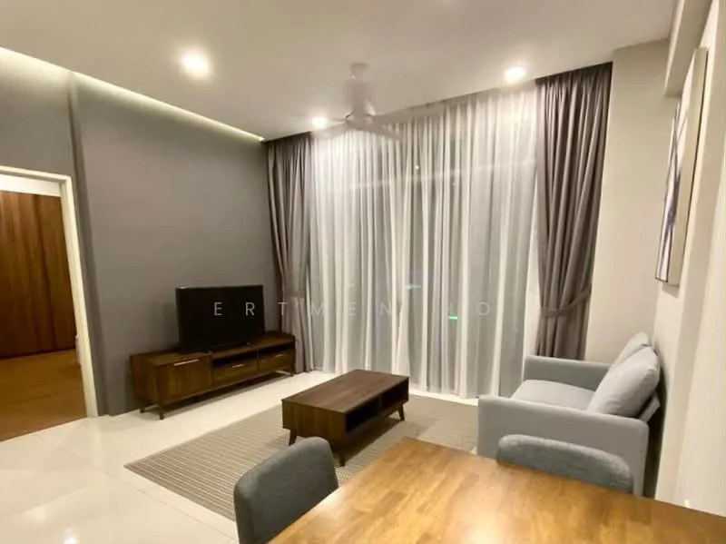 Living features: 3-seater fabric sofa in light grey, wooden coffee table, TV console in dark wood, wall-mounted TV, area rug with striped pattern, floor-to-ceiling windows, sheer curtains, dark grey curtains, recessed downlights, ceiling fan; style: modern.