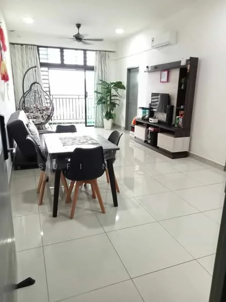 Living features: white painted walls, glossy ceramic tile flooring, 5-blade ceiling fan, floor-to-ceiling windows, sliding glass door, black dining table with wooden legs, 4 upholstered dining chairs, black leather sofa, TV console with storage, wall-mounted TV, decorative indoor plant, hanging rattan chair, curtains, air conditioning unit; style: modern; view: garden.