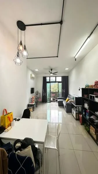 Living features: white painted walls, polished ceramic tile flooring, 5-blade ceiling fan with light, sofa in grey, coffee table, wall-mounted TV, TV console, open shelving unit, sliding glass door, curtains, dining table with white chairs, decorative items on shelves; style: modern; view: garden.