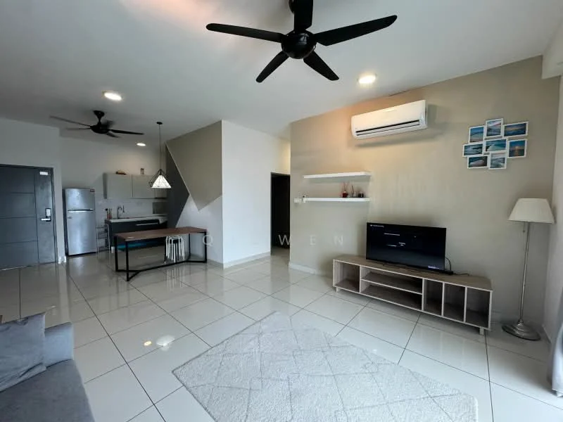 Living features: 3-seater fabric sofa in grey, coffee table, TV console, wall-mounted TV, area rug, 5-blade ceiling fan, recessed LED downlights, white painted walls, tile flooring, air conditioning unit, open shelving, decorative wall art; style: modern. Kitchen features: kitchen island with seating, stainless-steel fridge, freestanding range oven, microwave, pendant lighting, white cabinetry, tile backsplash; style: modern.