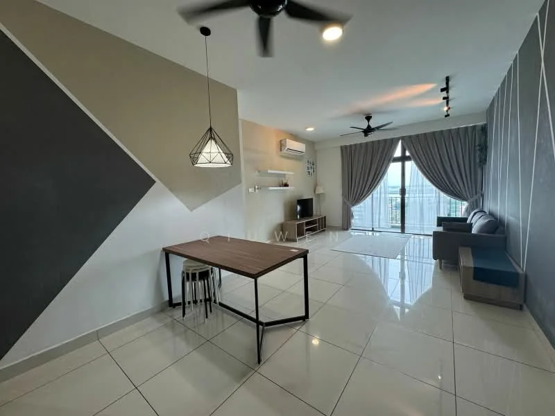 Living features: white painted walls, grey accent wall, polished ceramic tile flooring, 5-blade ceiling fan with light, recessed LED downlights, floor-to-ceiling windows, sliding glass door, curtains, dining table with metal legs, 2 stools, TV console, sofa, decorative wall art; style: modern; view: city.