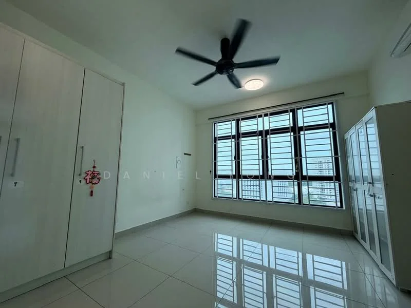 Room features: white painted walls, glossy tile flooring, 5-blade ceiling fan, floor-to-ceiling windows, window treatments with horizontal slats, built-in wardrobe with sliding doors, freestanding storage cabinet, LED ceiling light; style: modern; view: city.