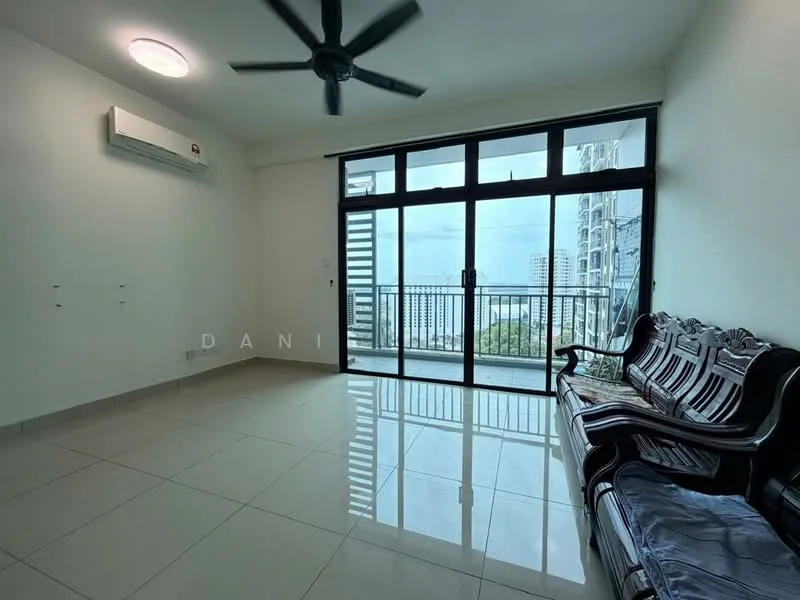 Living features: large floor-to-ceiling windows, sliding glass door, grey tiled flooring, 5-blade ceiling fan, wall-mounted split AC, black leather sofa, white walls, balcony access, natural light, city view; style: modern; view: city.