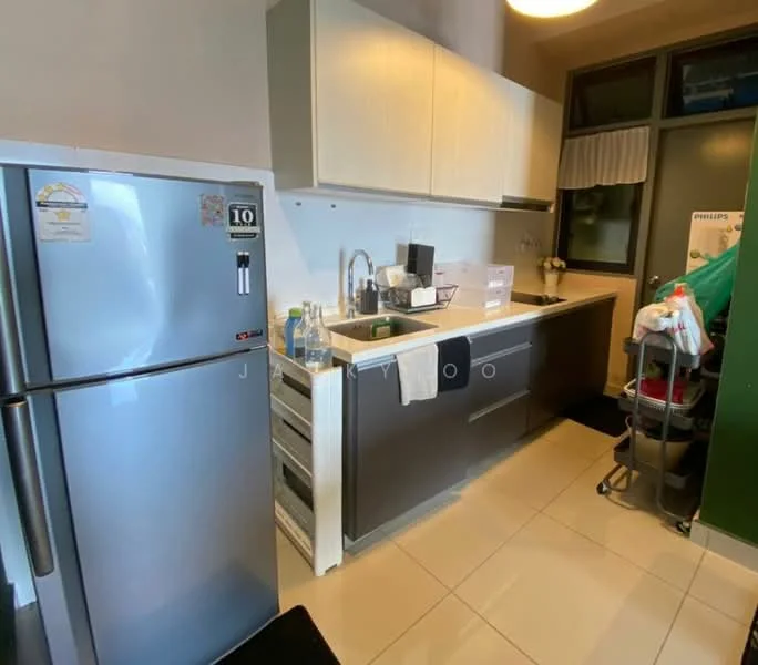 Kitchen features: stainless-steel fridge, single-bowl stainless-steel sink, chrome pull-down faucet, laminate countertop, white upper cabinets, dark lower cabinets, built-in storage drawers, ceramic tile flooring, recessed downlights, window with sheer curtains; style: modern.