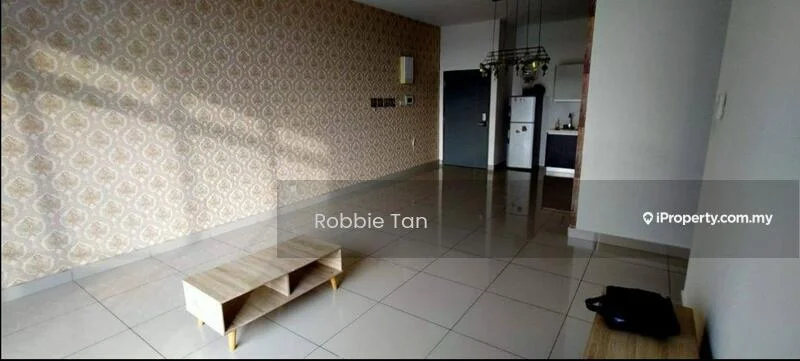 Living features: cream wallpaper with floral pattern, white painted walls, glossy ceramic tile flooring, recessed downlights, hanging pendant lights, wooden coffee table, open layout to kitchen, floor-to-ceiling windows, black sofa, kitchen area visible in background; style: modern.