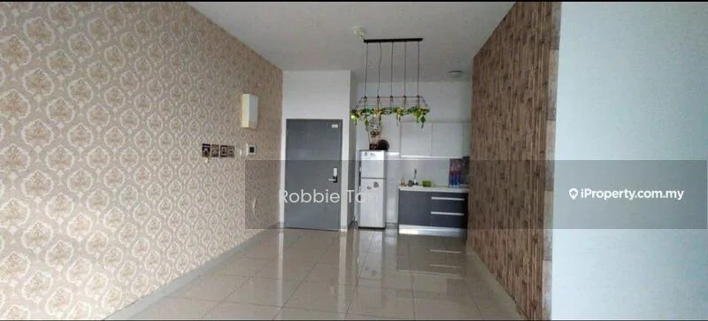 Room features: cream wallpaper with floral pattern, light grey accent wall, glossy tile flooring, recessed ceiling lights, hanging plants, kitchen area visible in background, grey cabinetry, stainless-steel fridge; style: modern.