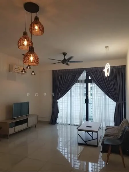 Living features: 3-blade ceiling fan, hanging pendant lights with woven shades, wall-mounted TV, TV console in light wood, coffee table with black metal frame, grey upholstered armchair, floor-to-ceiling windows, sheer curtains, white painted walls, polished tile flooring, decorative wall light; style: modern.
