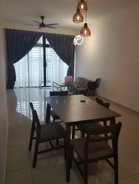 Dining features: 4-seater wooden dining table, wooden dining chairs, pendant lighting with three bulbs, 5-blade ceiling fan, floor-to-ceiling windows, sheer curtains, grey sofa, black chair, white painted walls, glossy tile flooring; style: modern.