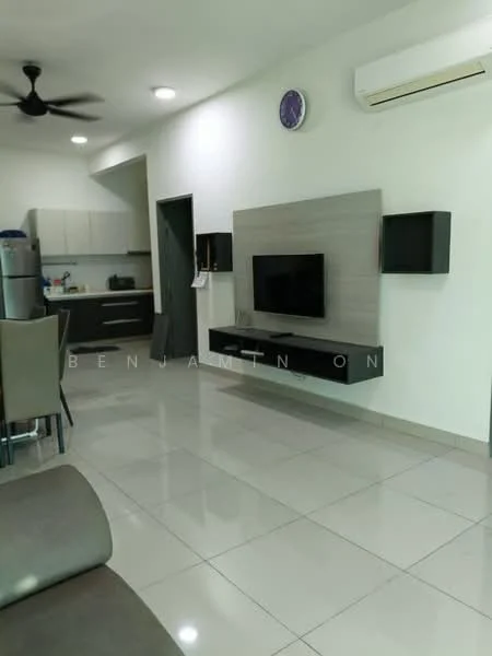 Living features: grey tiled flooring, white painted walls, 5-blade ceiling fan with light, wall-mounted TV, floating TV console, recessed lighting, dining area with 4-seater dining table, kitchenette with cabinets, stainless-steel fridge, open layout; style: modern.