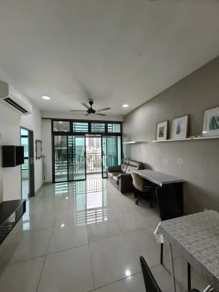 Living features: white painted walls, glossy tile flooring, 5-blade ceiling fan with light, floor-to-ceiling windows, sliding glass door, sofa in beige, coffee table, TV console, wall-mounted TV, dining table with chairs, decorative wall shelves, natural light from windows, curtains, area rug; style: modern; view: city.