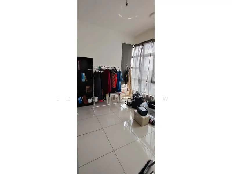 Room features: white painted walls, large windows with sheer curtains, glossy tile flooring, clothing rack with various garments, black shelving unit, storage boxes, floor lamp, ceiling light fixture; style: modern.