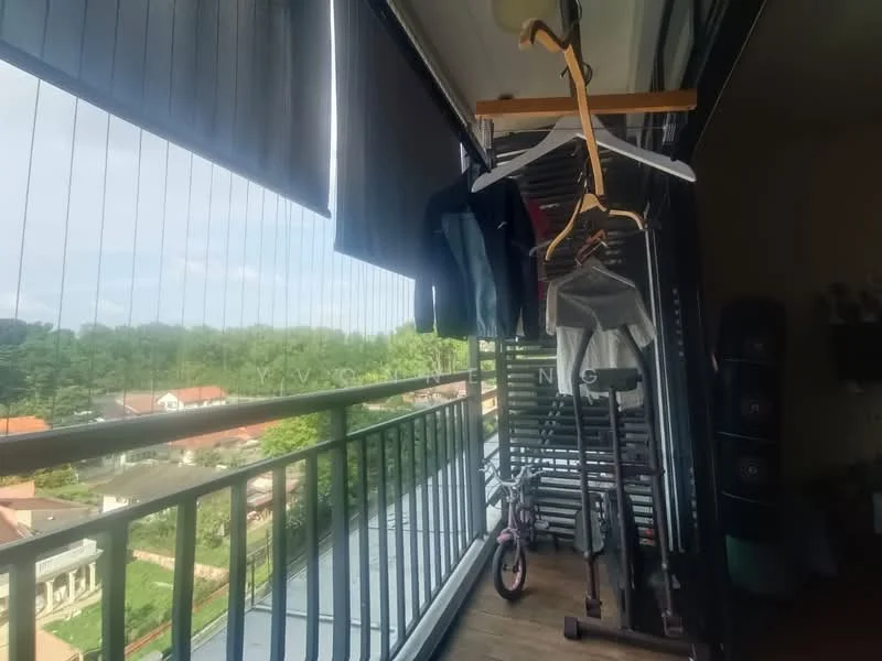 Balcony features: wooden flooring, metal railing, clothes drying rack, hanging clothes, bicycle, view of greenery, sliding glass door, roller blinds; view: garden.