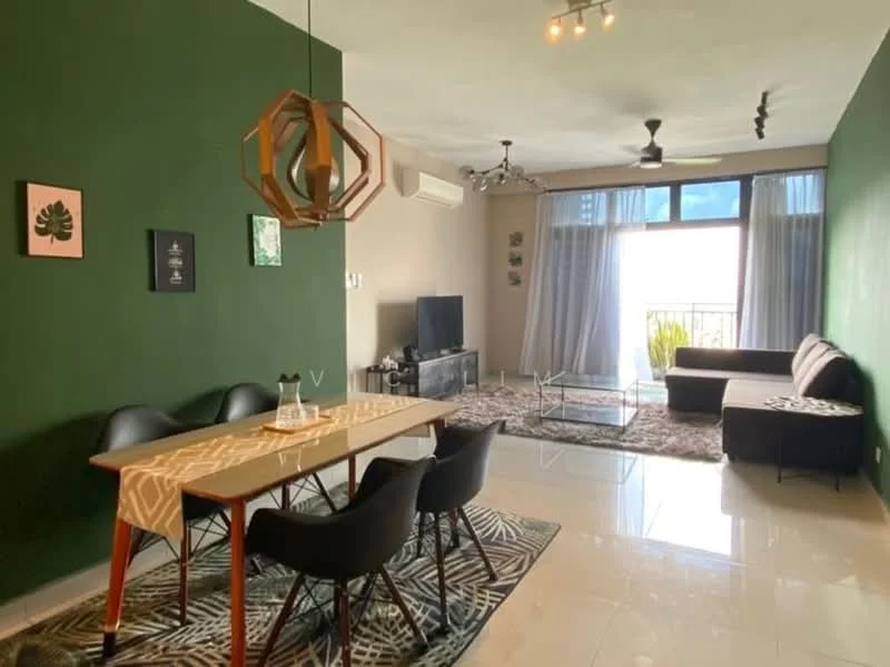 Dining features: 6-seater dining table, black dining chairs, table runner, decorative centerpiece; style: modern. Living features: sofa in dark fabric, coffee table, TV console, wall-mounted TV, area rug with geometric pattern, ceiling fan, floor-to-ceiling windows, sheer curtains; style: modern; view: city.