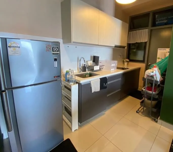 Kitchen features: stainless-steel fridge, single-bowl stainless-steel sink, chrome pull-down faucet, laminate countertop, white upper cabinets, dark lower cabinets, built-in oven, ceramic tile flooring, recessed downlights, window with sheer curtains, kitchen cart, plastic storage bins; style: modern.
