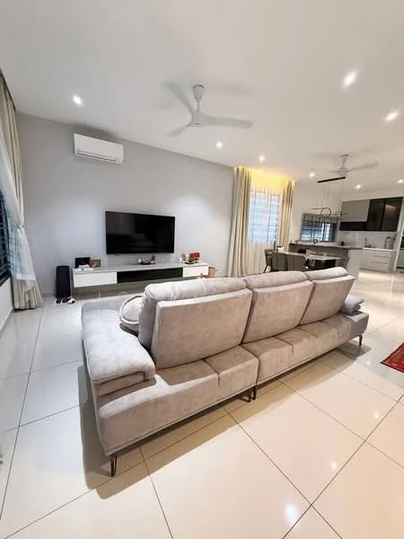 Living features: 3-seater fabric sofa in light grey, wall-mounted TV, TV console in white, recessed LED downlights, ceiling fan, large windows with sheer curtains, white tiled flooring, decorative area rug, air conditioning unit on wall; style: modern.