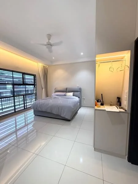 Bedroom features: king-size bed with grey upholstered headboard, white bedding, floor-to-ceiling windows, black window frames, sheer curtains, white painted walls, recessed downlights, ceiling fan, glossy white tile flooring, built-in wardrobe with hanging space, small countertop with sink, decorative wall paneling; style: modern; view: city.