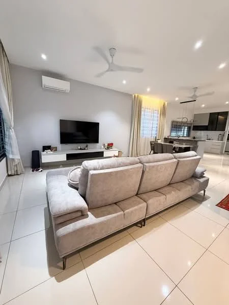 Living features: 3-seater fabric sofa in light grey, wall-mounted TV, TV console with storage, recessed LED downlights, ceiling fan, white painted walls, large windows with sheer curtains, glossy white tile flooring, area rug with geometric pattern; style: modern.