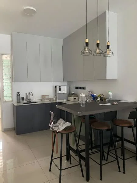 Kitchen features: grey cabinetry, white walls, marble tile flooring, stainless-steel sink, chrome pull-down faucet, built-in microwave, freestanding range oven, 3 pendant lights, bar counter with stools, open shelving, kitchen island, refrigerator, dishwasher; style: modern.