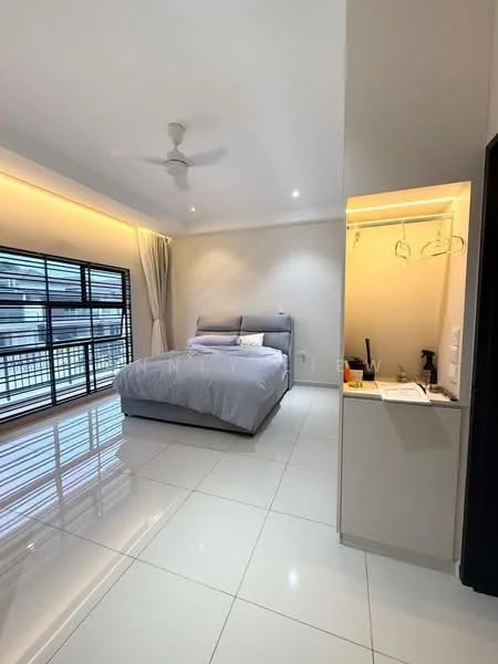 Bedroom features: king-size bed with grey bedding, upholstered headboard, floor-to-ceiling windows, black window frames, sheer curtains, white painted walls, recessed downlights, ceiling fan, glossy white tile flooring, built-in wardrobe with hanging space, small countertop area, mirror above countertop; style: modern; view: city.