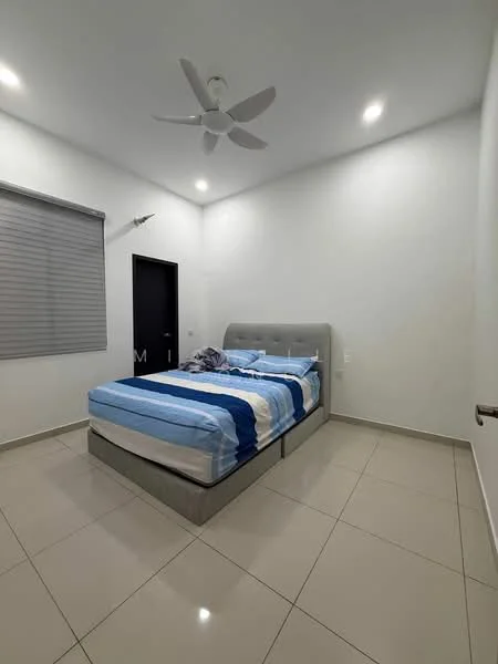 Bedroom features: king-size bed with grey upholstered headboard, blue and white striped bedding, 2 bedside pillows, ceiling fan with light, recessed LED downlights, white painted walls, light-colored tiled flooring, window with horizontal blinds, black door; style: modern.