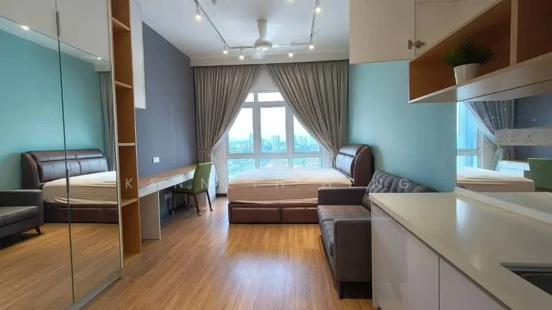 Bedroom features: queen-size bed, upholstered headboard, floor-to-ceiling windows, curtains, wooden flooring, 5-blade ceiling fan with light, built-in wardrobe with mirror, study desk, sofa, decorative wall with blue paint, light fixtures, area rug; style: modern; view: city.