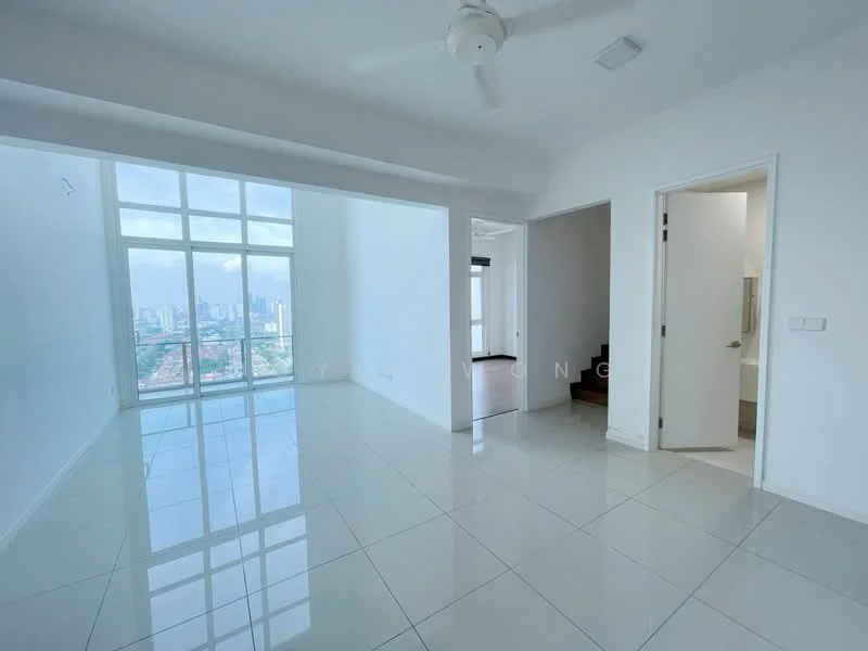 Living features: white painted walls, glossy ceramic tile flooring, floor-to-ceiling windows, 5-blade ceiling fan, natural light from large windows, open layout, city view, neutral color scheme; style: modern; view: city. Room features: white painted walls, glossy ceramic tile flooring, doorway leading to another room, staircase visible in background.