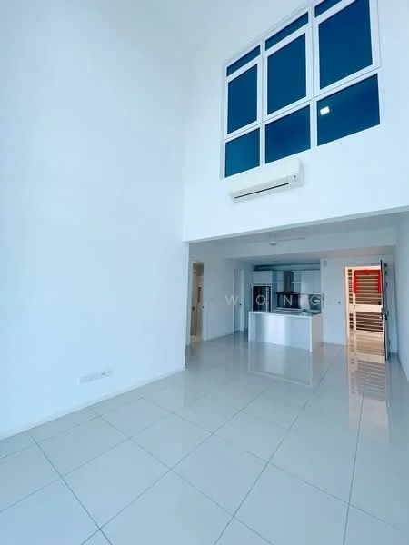 Living features: white painted walls, high ceiling, large windows, glossy tile flooring, air conditioning unit, open layout to kitchen, natural light, minimalist design; style: modern. Kitchen features: kitchen island, stainless-steel appliances, open shelving, glass-front cabinets; style: modern.