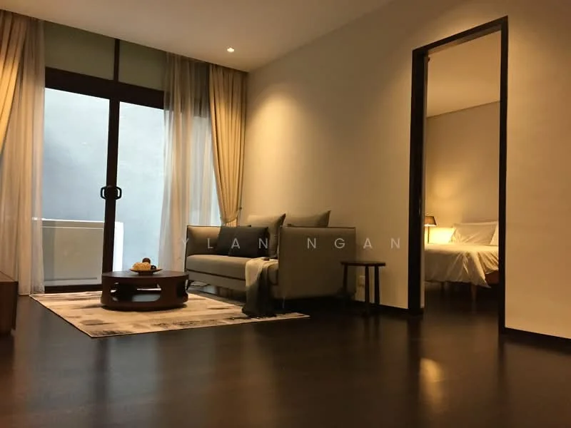 Living features: grey fabric sofa, wooden coffee table, area rug with geometric pattern, floor-to-ceiling windows, sheer curtains, dark wood flooring, recessed downlights, decorative wall art; style: modern. Bedroom features: queen-size bed, white bedding, nightstand with lamp, wooden flooring, wall-mounted light, doorway leading to living area; style: modern.