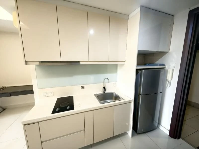 Kitchen features: light beige cabinetry, single-bowl stainless-steel sink, chrome pull-down faucet, built-in electric cooktop, white backsplash, grey countertop, stainless-steel fridge, wall-mounted kitchen hood, tile flooring, recessed downlights; style: modern.