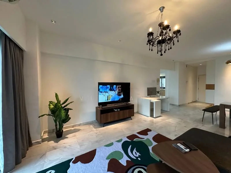 Living features: marble tile flooring, white painted walls, chandelier with black accents, wall-mounted TV, wooden TV console, green area rug with abstract pattern, large window with grey curtains, indoor plant in ceramic pot, dining table with chairs, open layout to kitchen area; style: modern.