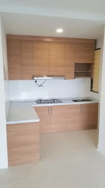 Kitchen features: wood cabinetry, white backsplash, marble countertop, double-bowl stainless-steel sink, chrome pull-down faucet, built-in gas hob, exhaust hood, under-cabinet lighting, neutral tile flooring, window with blinds; style: modern.