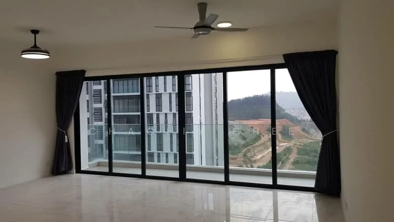 Living features: large floor-to-ceiling windows, sliding glass door, grey curtains, ceiling fan, recessed downlights, marble flooring, neutral painted walls, open layout; style: modern; view: garden.
