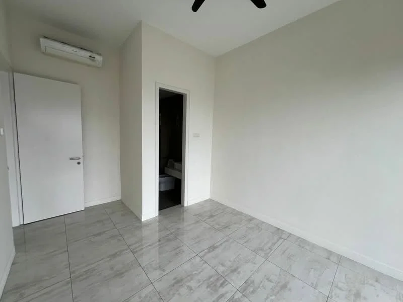 Room features: white painted walls, grey tile flooring, 1 wall-mounted split AC, ceiling fan, door leading to bathroom, door leading to hallway.