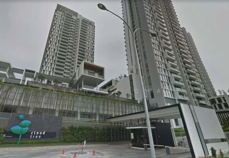 Exterior type: high-rise condominium; features: glass curtain wall, concrete facade, multiple high-rise towers, landscaped greenery, main entrance gate, security guard house, driveway with interlocking pavers, signage with 'cloud tree', surrounded by mature greenery; style: modern.