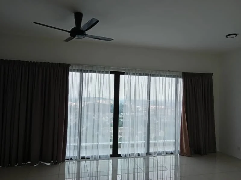 Room features: floor-to-ceiling windows, sheer curtains, blackout curtains, 5-blade ceiling fan, white painted walls, glossy tile flooring, city view; style: modern; view: city.