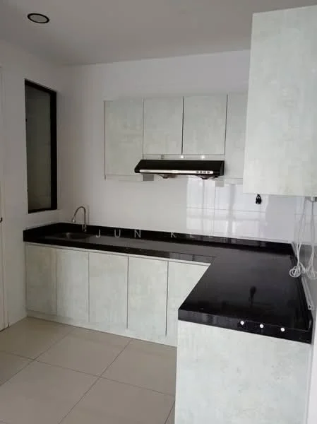 Kitchen features: black granite countertop, light grey cabinetry, built-in oven, stainless-steel range hood, single-bowl stainless-steel sink, chrome pull-down faucet, white tiled backsplash, ceramic tile flooring, wall-mounted cabinets, under-cabinet lighting, window for natural light; style: modern.