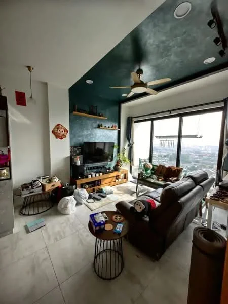 Living features: grey accent wall, white painted walls, sliding glass door, floor-to-ceiling windows, 5-blade ceiling fan with light, recessed downlights, wooden TV console, wall-mounted TV, leather sofa, coffee table, decorative plants, area rug, marble tile flooring; style: modern; view: city.