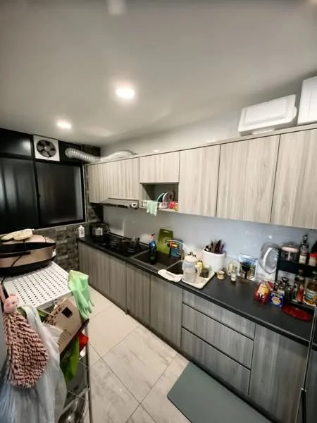 Kitchen features: laminate cabinetry in light wood finish, black countertop, stainless-steel sink, chrome pull-down faucet, built-in stove, built-in oven, microwave, refrigerator, tile backsplash, grey tile flooring, wall-mounted air conditioning unit, under-cabinet lighting, open shelving, various kitchen appliances, kitchen towels and utensils; style: modern.