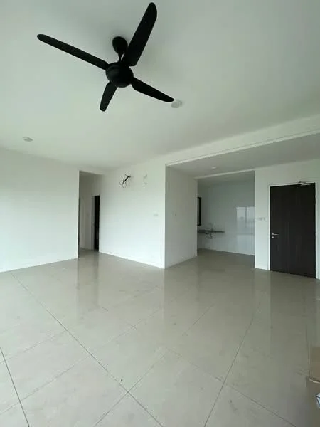 Living features: white painted walls, polished ceramic tile flooring, 5-blade ceiling fan in black, recessed downlights, large windows, open layout, neutral color scheme, door leading to another room; style: modern. Room features: white painted walls, polished ceramic tile flooring, countertop with sink, neutral color scheme.