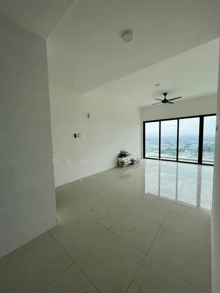 Room features: white painted walls, glossy tile flooring, 5-blade ceiling fan, floor-to-ceiling windows, city view, recessed ceiling lights; style: modern; view: city.