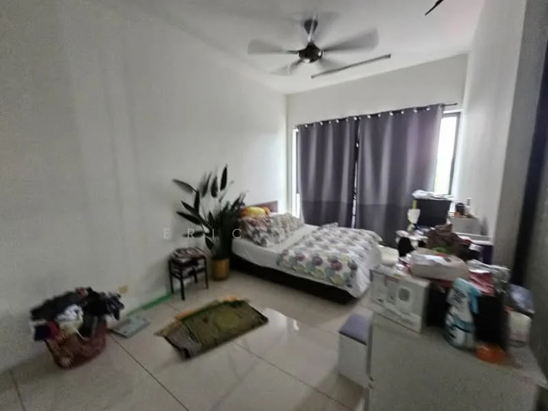 Bedroom features: queen-size bed with patterned bedding, 5-blade ceiling fan, floor-to-ceiling windows with grey curtains, white painted walls, glossy tile flooring, decorative houseplants, nightstand, cluttered with personal items; style: modern.