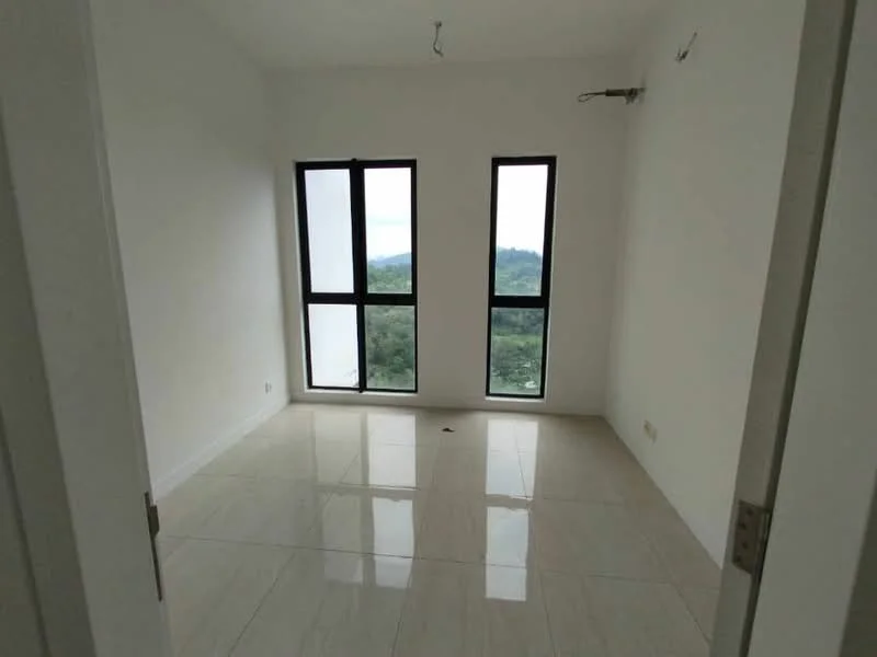 Room features: white painted walls, glossy ceramic tile flooring, floor-to-ceiling windows, black window frames, mounting point for light fixture, view of greenery; style: modern; view: garden.
