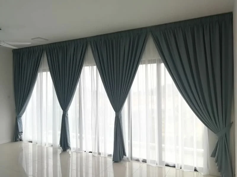 Room features: floor-to-ceiling windows, sheer white curtains, blue drapes, glossy tile flooring, ceiling fan, neutral wall color; style: modern; view: city.