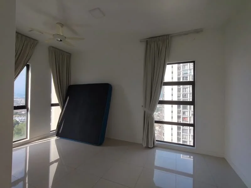 Room features: white painted walls, glossy tile flooring, floor-to-ceiling windows, sheer curtains, ceiling fan, unmade mattress leaning against wall; style: modern; view: city.