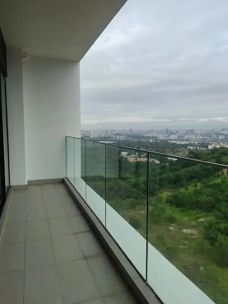 Room features: glass railing, grey tiled flooring, open balcony, city skyline view, green landscape view, overcast sky; style: modern; view: city.