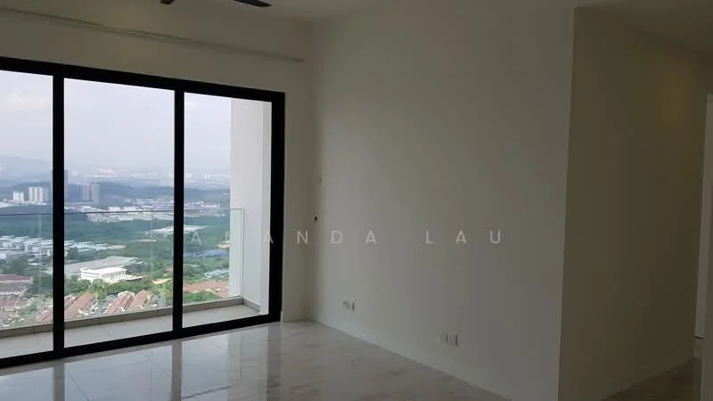 Room features: floor-to-ceiling windows, white painted walls, marble tile flooring, ceiling fan, city view; style: modern; view: city.