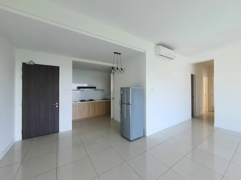 Room features: white painted walls, glossy tile flooring, recessed downlights, air conditioning unit, wooden door, stainless-steel fridge, open kitchen layout, kitchen cabinetry in light wood, countertop, kitchen sink area; style: modern.