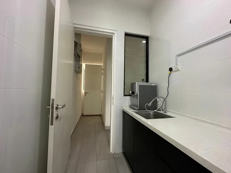 Laundry features: white tiled walls, grey tile flooring, white countertop, black cabinetry, stainless-steel sink, chrome faucet, window with black frame, door leading to hallway; style: modern.