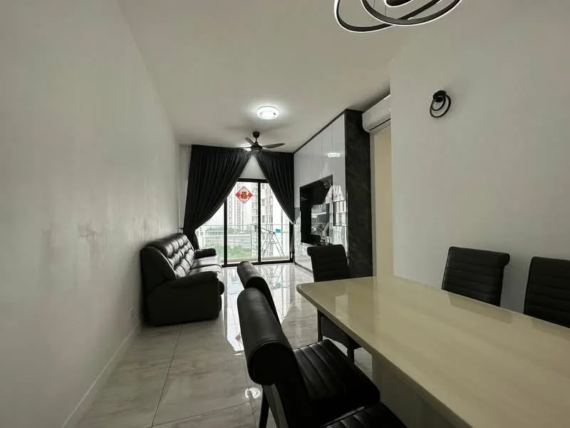 Living features: 3-seater fabric sofa in dark grey, 2-seater fabric sofa in dark grey, ceiling fan with light, wall-mounted TV, black stone feature wall, floor-to-ceiling windows, sliding glass door, white painted walls, marble tile flooring, blackout curtains, decorative wall sconce, dining table with white top and black chairs; style: modern; view: garden.